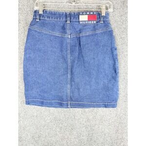 Vintage Tommy Hilfiger Jean Mini Skirt 90s Banner Logo Womens Size 6 Blue Denim